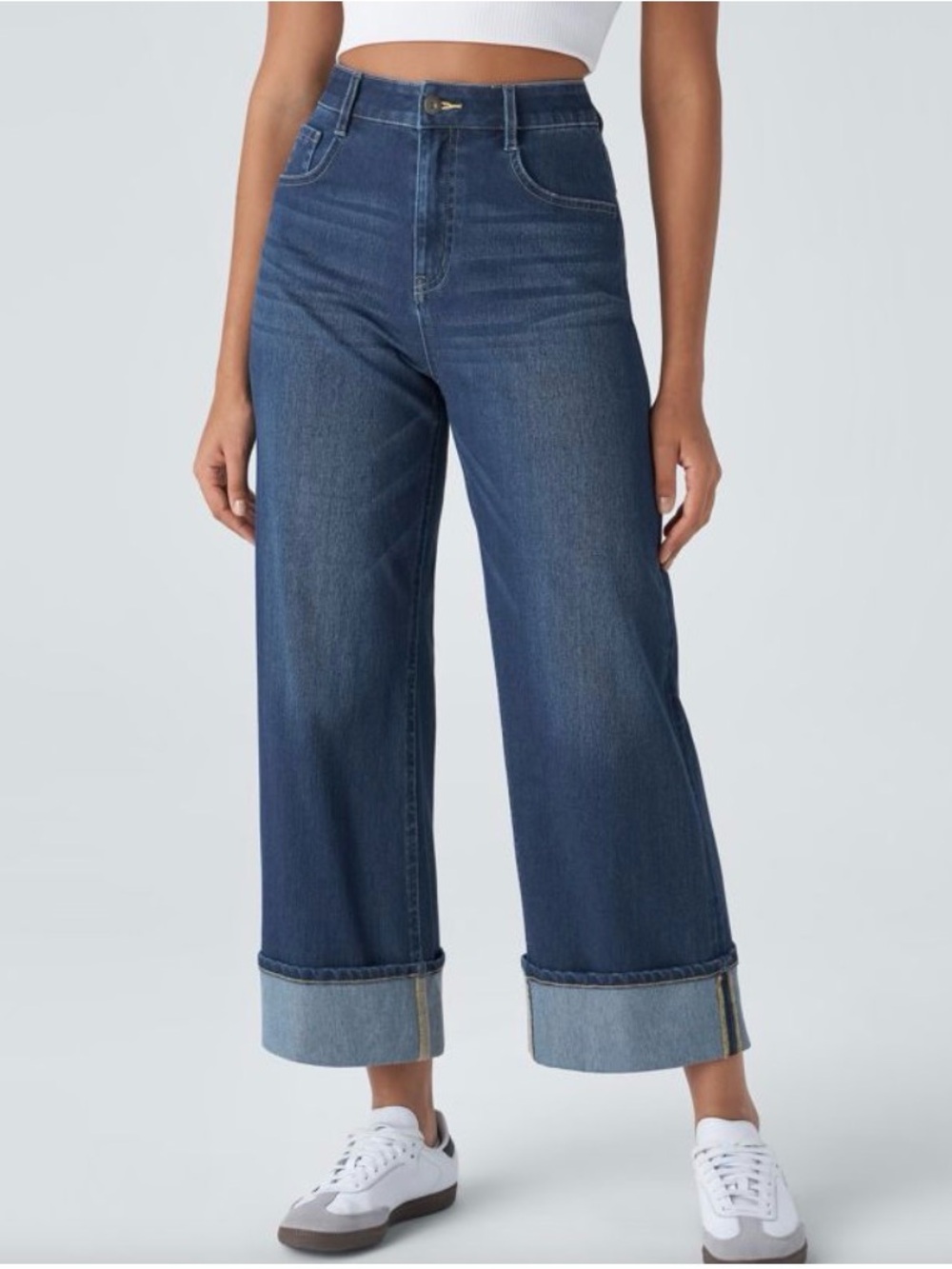 Flex Blue High-Rise Wide-Leg Rolled Hem Jeans